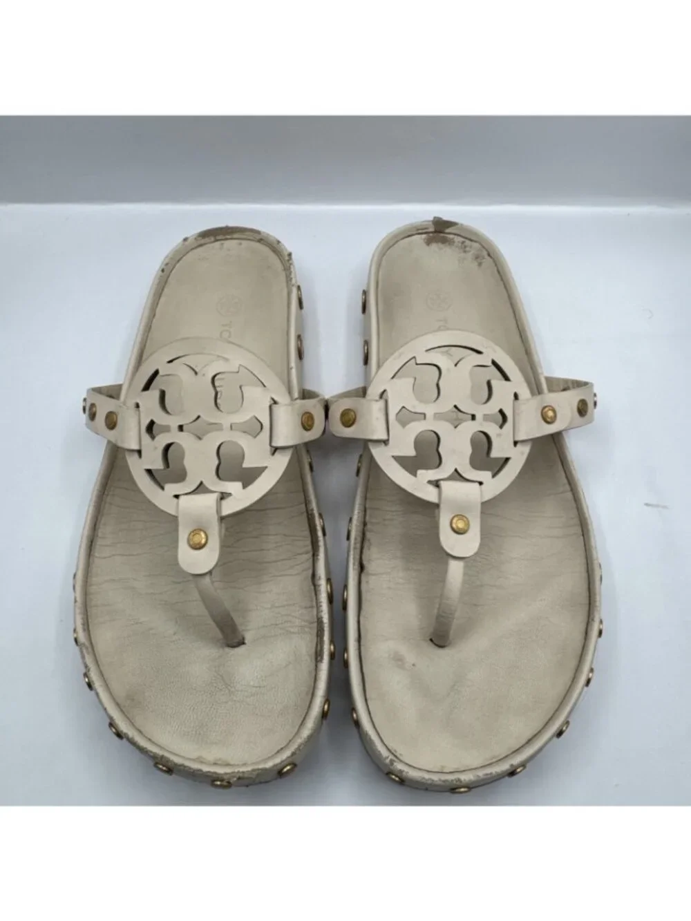 Tory Burch Womens Miller Cloud Coin Thong Sandal Double T Logo New Cream Sz 8
